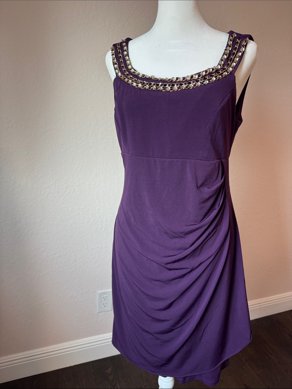 Karina Purple Jeweled Neck Ruched Sheath Cocktail Dress Size 12